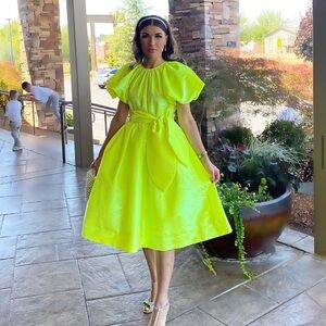 Christopher John Rogers Neon Yellow Midi Dress